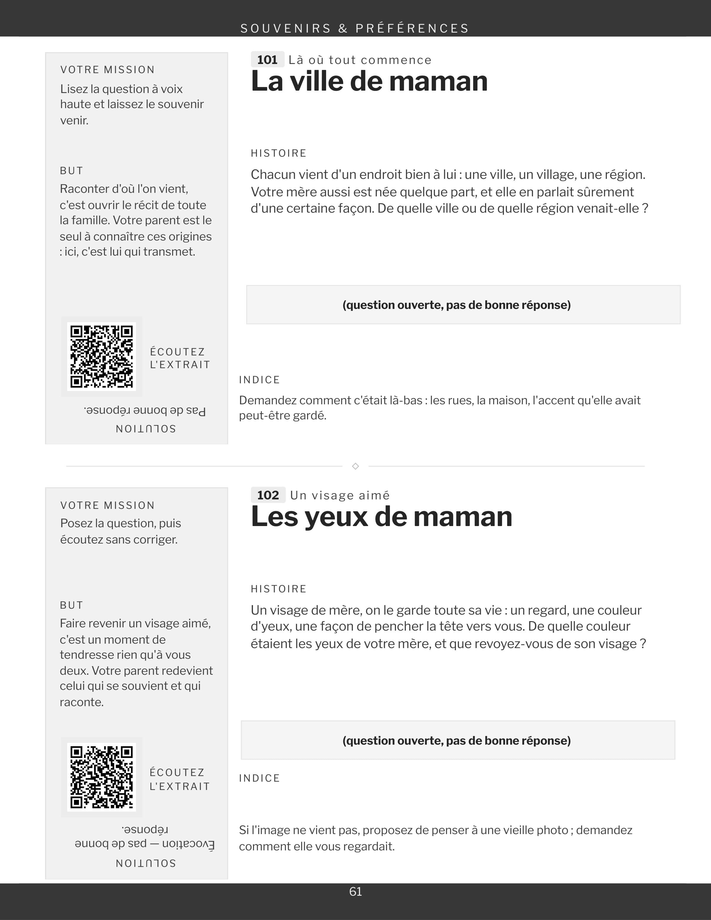 Une page de la rubrique Souvenirs et préférences, deux jeux et leur carré