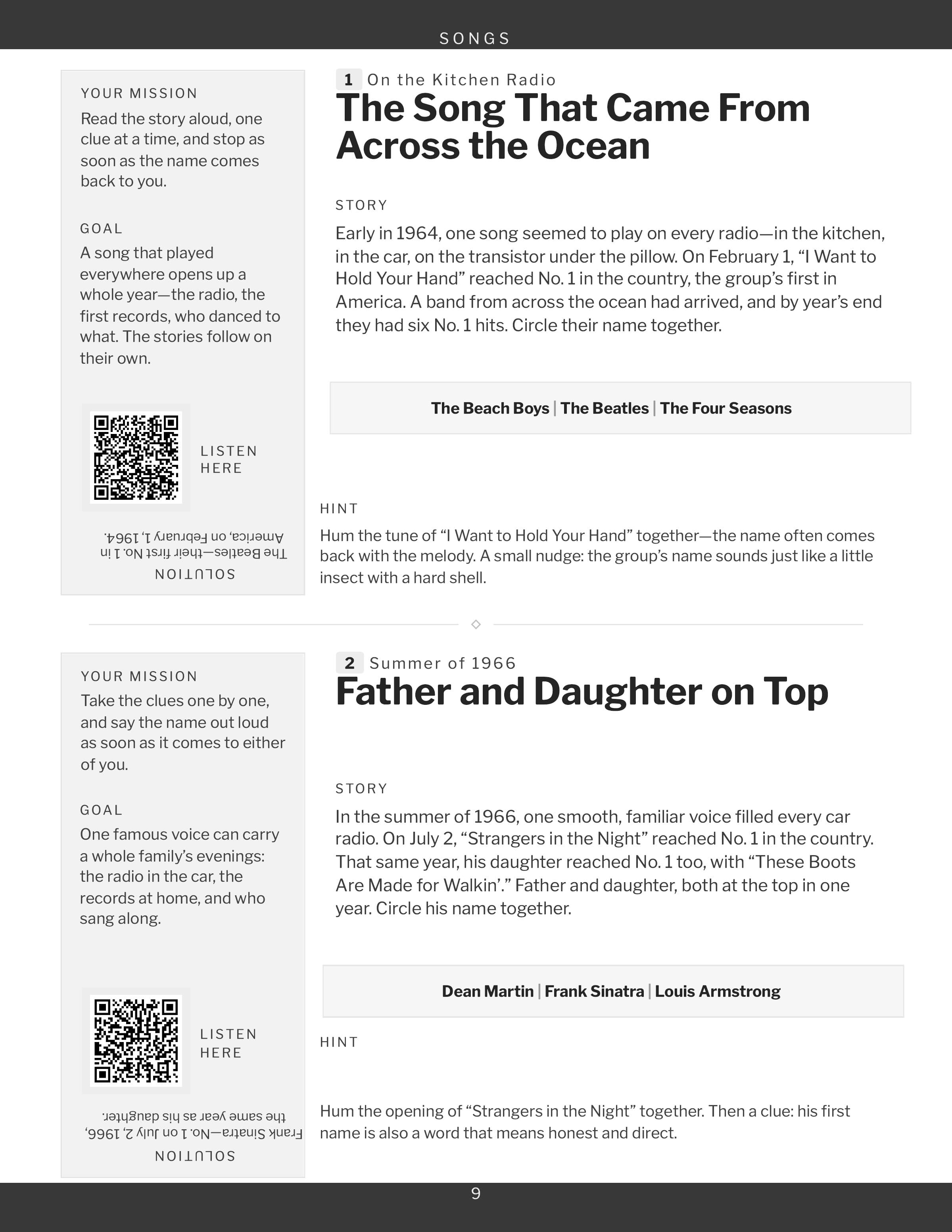 A page from the Songs section, two games and their square to take a picture of
