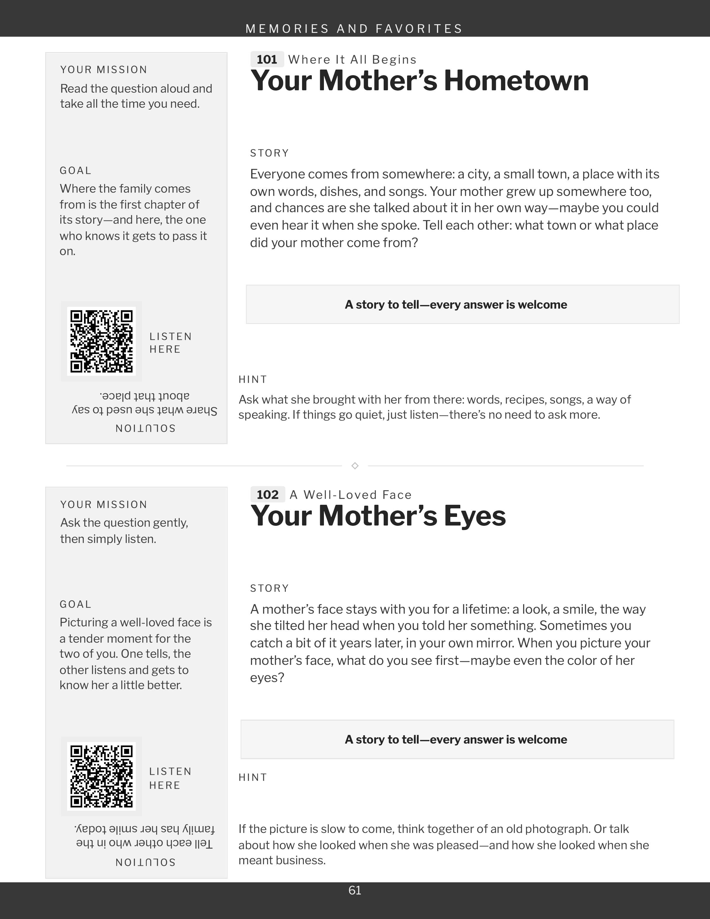A page from the Memories and Favorites section, two games and their square